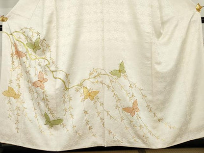 平和屋着物●訪問着　駒刺繍　枝垂れ柳　舞蝶文　金彩　正絹　逸品　AABM2056cs