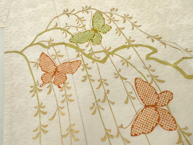平和屋着物●訪問着　駒刺繍　枝垂れ柳　舞蝶文　金彩　正絹　逸品　AABM2056cs