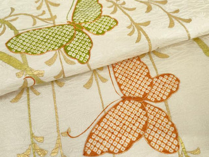 平和屋着物●訪問着　駒刺繍　枝垂れ柳　舞蝶文　金彩　正絹　逸品　AABM2056cs