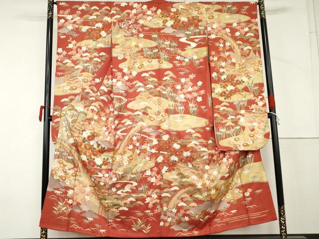 平和屋着物●豪華振袖　駒刺繍　松竹梅風景文　金彩　正絹　逸品　AABM2074cs
