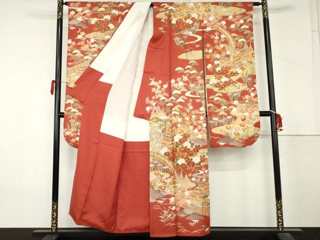 平和屋着物●豪華振袖　駒刺繍　松竹梅風景文　金彩　正絹　逸品　AABM2074cs