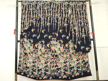 平和屋着物●豪華振袖　型染め　花鳥文　鬼しぼ縮緬　正絹　逸品　AABM2075cs