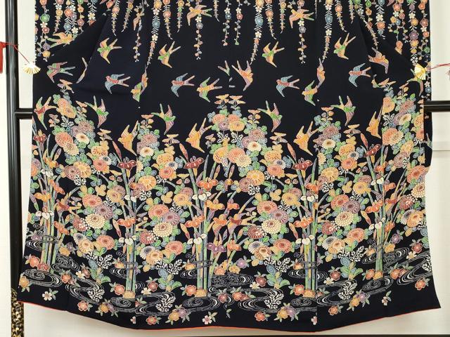 平和屋着物●豪華振袖　型染め　花鳥文　鬼しぼ縮緬　正絹　逸品　AABM2075cs