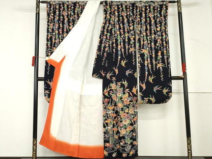 平和屋着物●豪華振袖　型染め　花鳥文　鬼しぼ縮緬　正絹　逸品　AABM2075cs