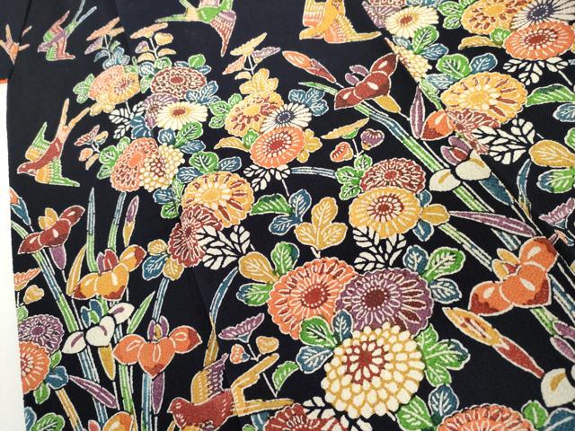 平和屋着物●豪華振袖　型染め　花鳥文　鬼しぼ縮緬　正絹　逸品　AABM2075cs