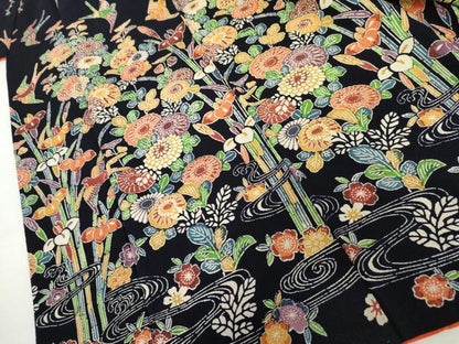 平和屋着物●豪華振袖　型染め　花鳥文　鬼しぼ縮緬　正絹　逸品　AABM2075cs