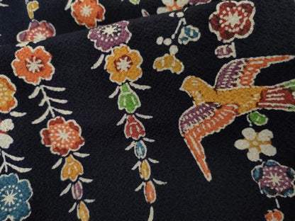 平和屋着物●豪華振袖　型染め　花鳥文　鬼しぼ縮緬　正絹　逸品　AABM2075cs