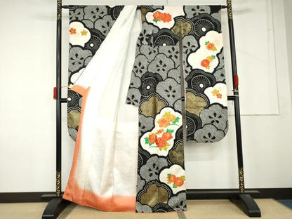 平和屋着物●豪華振袖　絞り　駒刺繍　梅尽くし　黒地　金糸　金彩　正絹　逸品　AABM2083cs