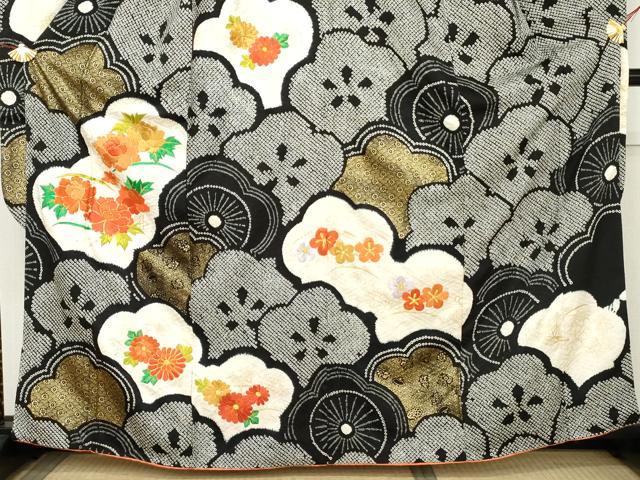 平和屋着物●豪華振袖　絞り　駒刺繍　梅尽くし　黒地　金糸　金彩　正絹　逸品　AABM2083cs