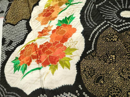 平和屋着物●豪華振袖　絞り　駒刺繍　梅尽くし　黒地　金糸　金彩　正絹　逸品　AABM2083cs
