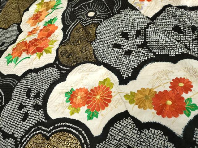 平和屋着物●豪華振袖　絞り　駒刺繍　梅尽くし　黒地　金糸　金彩　正絹　逸品　AABM2083cs