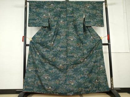 平和屋着物●小千谷紬　人物風景文　正絹　逸品　AABM2092cs