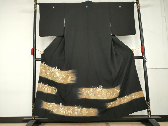 平和屋着物●豪華黒留袖　総刺繍　駒刺繍　草花文　暈し染め　正絹　逸品　AABM2113cs