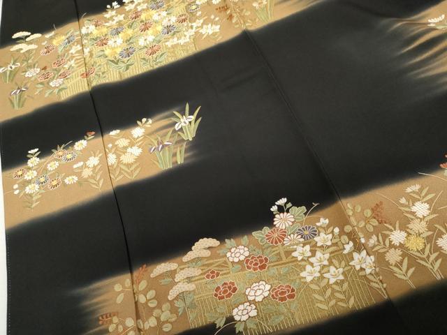 平和屋着物●豪華黒留袖　総刺繍　駒刺繍　草花文　暈し染め　正絹　逸品　AABM2113cs