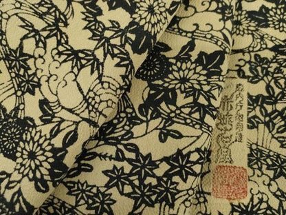 平和屋着物●宮内庁御用達　赤城右堂　小紋　型染め　流水草花文　鬼しぼ縮緬　正絹　逸品　AABM2118cs