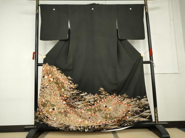 平和屋着物●中国三大刺繍　スワトウ刺繍　汕頭刺繍　総刺繍　黒留袖　御所車吉祥花文　金糸　正絹　逸品　AABM2126cs
