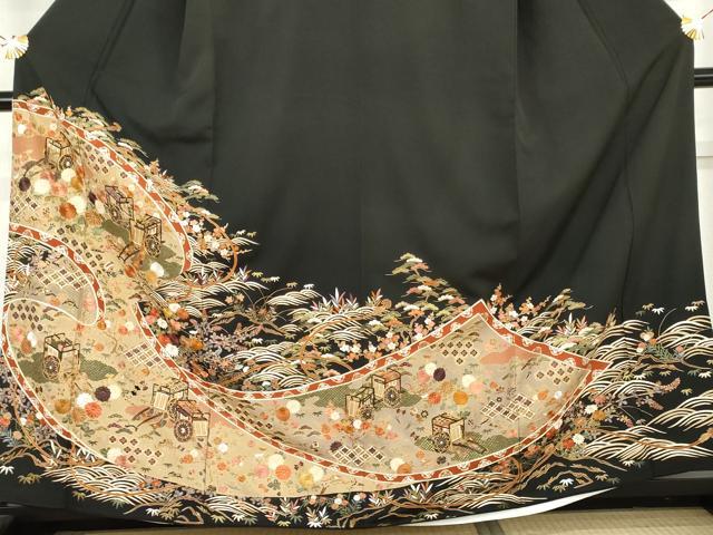 平和屋着物●中国三大刺繍　スワトウ刺繍　汕頭刺繍　総刺繍　黒留袖　御所車吉祥花文　金糸　正絹　逸品　AABM2126cs