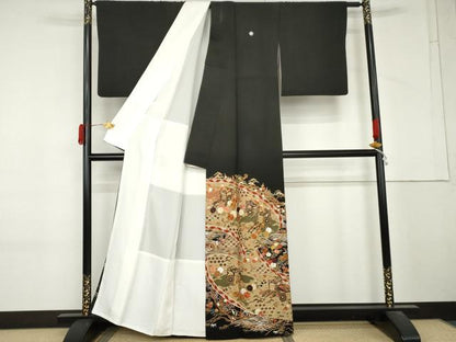 平和屋着物●中国三大刺繍　スワトウ刺繍　汕頭刺繍　総刺繍　黒留袖　御所車吉祥花文　金糸　正絹　逸品　AABM2126cs