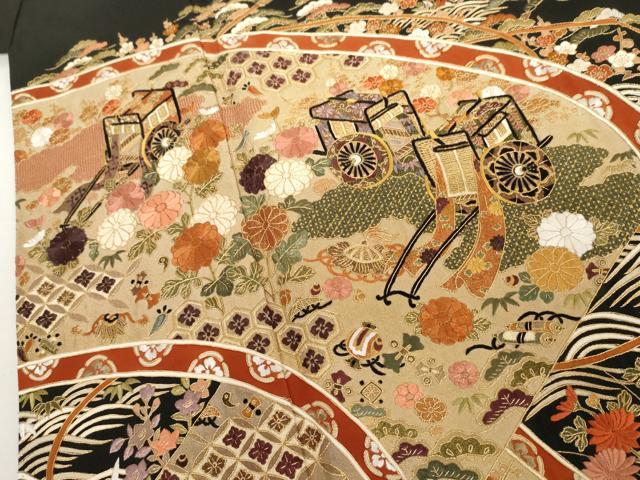 平和屋着物●中国三大刺繍　スワトウ刺繍　汕頭刺繍　総刺繍　黒留袖　御所車吉祥花文　金糸　正絹　逸品　AABM2126cs