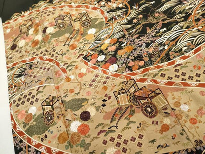 平和屋着物●中国三大刺繍　スワトウ刺繍　汕頭刺繍　総刺繍　黒留袖　御所車吉祥花文　金糸　正絹　逸品　AABM2126cs