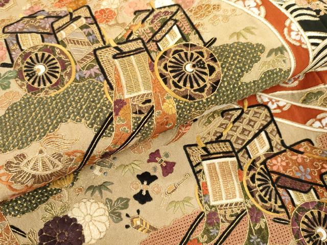 平和屋着物●中国三大刺繍　スワトウ刺繍　汕頭刺繍　総刺繍　黒留袖　御所車吉祥花文　金糸　正絹　逸品　AABM2126cs