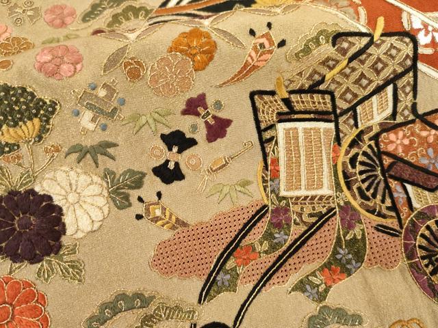 平和屋着物●中国三大刺繍　スワトウ刺繍　汕頭刺繍　総刺繍　黒留袖　御所車吉祥花文　金糸　正絹　逸品　AABM2126cs