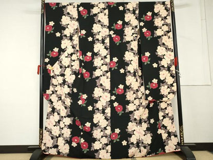 平和屋着物●H・L（アッシュエル）　HENRI-LUC CHAPUIS　振袖　草花文　黒地　洗える着物　AABM2132cs