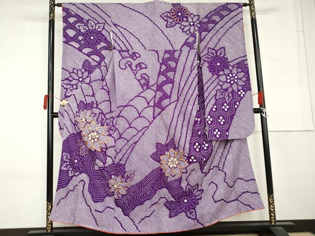 平和屋着物●豪華振袖　駒刺繍　総絞り　流水草花文　正絹　逸品　AABM2148cs