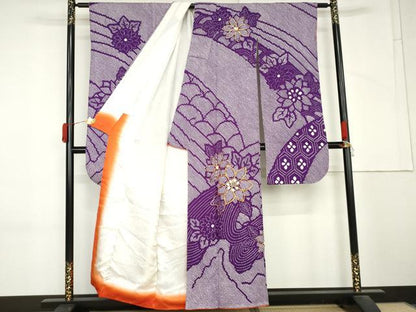 平和屋着物●豪華振袖　駒刺繍　総絞り　流水草花文　正絹　逸品　AABM2148cs