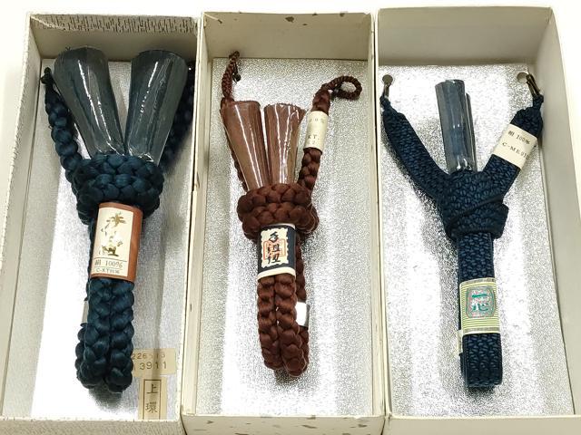 平和屋着物▼男性　和装小物　羽織紐3点　青・茶色系　切り房　逸品　全て未使用　AABM2207ay