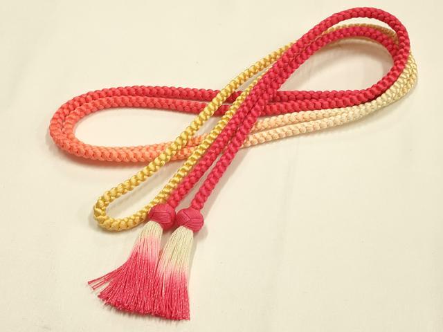 平和屋着物●和装小物　振袖用帯締め・帯揚げセット　二重華結び　撚り房　総絞り　斜縞　金糸　金彩　逸品　未使用　AABM2220ay