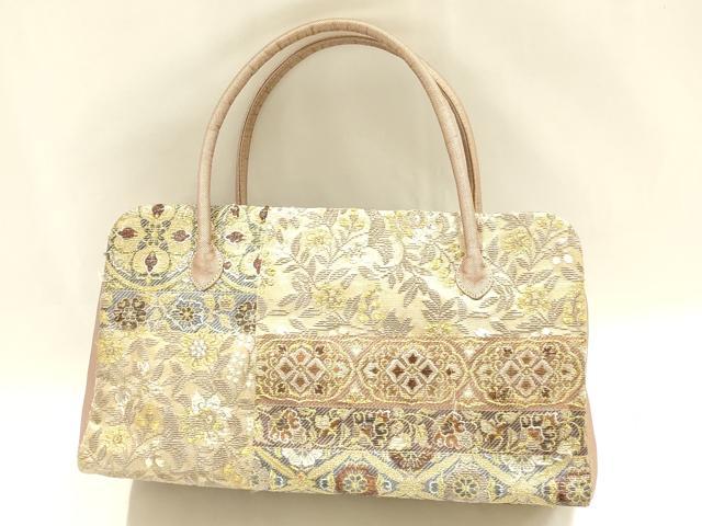 平和屋着物●和装小物　和装バッグ　ハンドバッグ　利休バッグ　刺繍　更紗花文　金糸　帯地使用　逸品　AABM2239ay