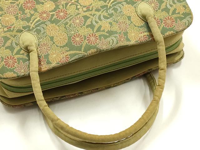 平和屋着物●和装小物　和装バッグ　ハンドバッグ　利休バッグ　流水芝花文　金糸　帯地使用　逸品　AABM2241ay
