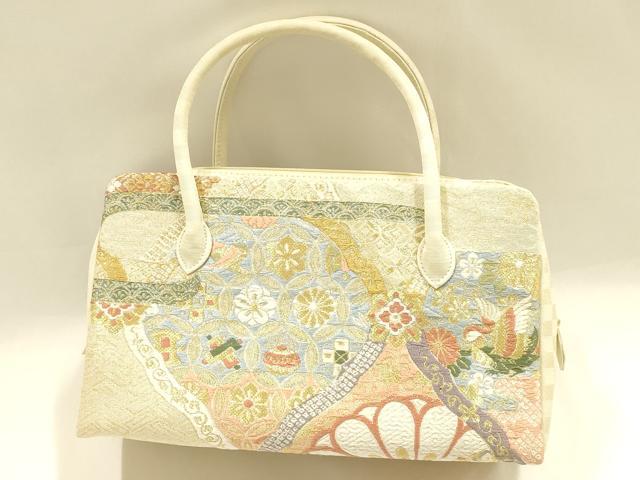 平和屋着物●和装小物　和装バッグ　ハンドバッグ　利休バッグ　吉祥花鳥文　金銀糸　帯地使用　逸品　AABM2244ay