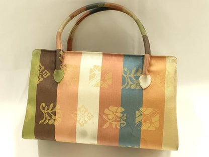 平和屋着物●和装小物　和装バッグ　ハンドバッグ　利休バッグ　縞　花蝶文　帯地使用　逸品　AABM2245ay