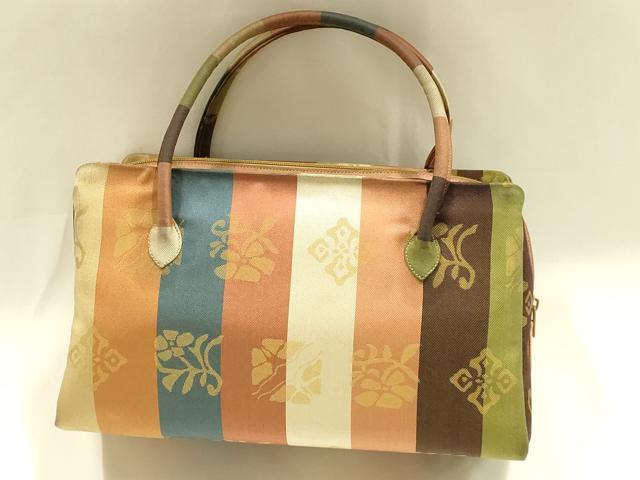 平和屋着物●和装小物　和装バッグ　ハンドバッグ　利休バッグ　縞　花蝶文　帯地使用　逸品　AABM2245ay
