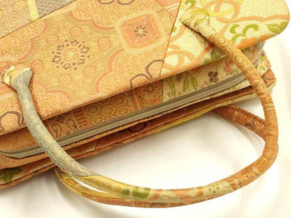平和屋着物●和装小物　和装バッグ　ハンドバッグ　利休バッグ　切嵌吉祥文　金糸　帯地使用　逸品　AABM2247ay