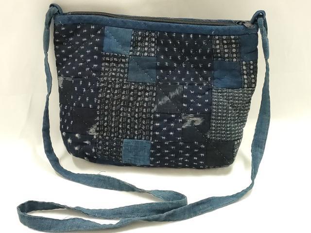 平和屋着物●和装小物　和装バッグ　久留米絣　ショルダーバッグ　パッチワーク　猫　綿　逸品　AABM2258ay