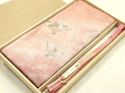 平和屋本店●和装小物　帯締め・帯揚げセット　高麗組 綾出し　舞扇花文　金糸　金銀彩　暈し染め　長尺　正絹　逸品　未使用　AABM2308ay