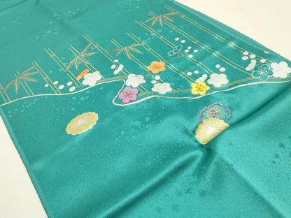 平和屋本店●和装小物　帯締め・帯揚げセット　高麗組　刺繍　笹竹花文　金糸　金銀彩　正絹　逸品　未使用　AABM2321ay