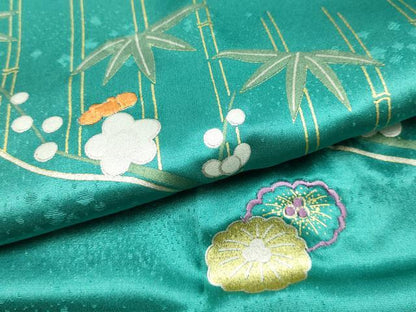 平和屋本店●和装小物　帯締め・帯揚げセット　高麗組　刺繍　笹竹花文　金糸　金銀彩　正絹　逸品　未使用　AABM2321ay