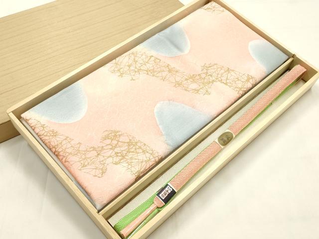 平和屋本店●和装小物　帯締め・帯揚げセット　笹浪組　霞文　金糸　金彩　正絹　逸品　未使用　AABM2323ay