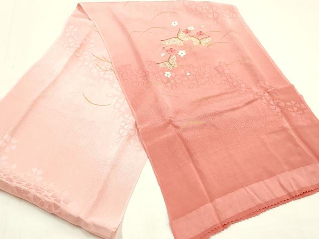 平和屋本店●和装小物　帯締め・帯揚げセット　高麗組　刺繍　舞蝶花文　金糸　金彩　暈し染め　正絹　逸品　未使用　AABM2331ay