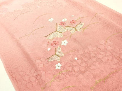 平和屋本店●和装小物　帯締め・帯揚げセット　高麗組　刺繍　舞蝶花文　金糸　金彩　暈し染め　正絹　逸品　未使用　AABM2331ay