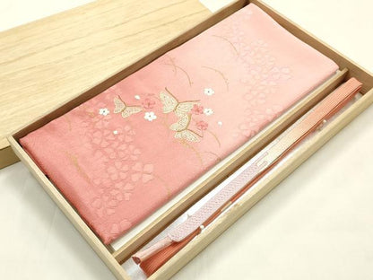 平和屋本店●和装小物　帯締め・帯揚げセット　高麗組　刺繍　舞蝶花文　金糸　金彩　暈し染め　正絹　逸品　未使用　AABM2331ay