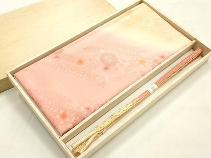 平和屋本店●和装小物　帯締め・帯揚げセット　平組　花柄　金糸　暈し染め　正絹　逸品　未使用　AABM2339ay