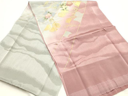 平和屋本店●和装小物　帯締め・帯揚げセット　平組　吉祥枝花文　椿　金彩　暈し染め　正絹　逸品　未使用　AABM2342ay