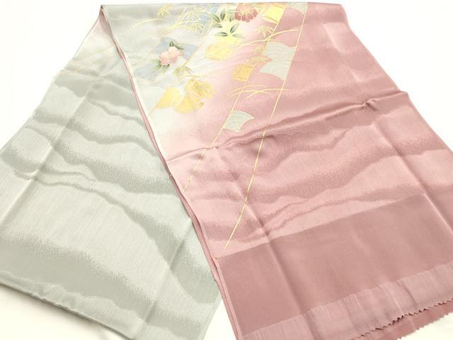 平和屋本店●和装小物　帯締め・帯揚げセット　平組　吉祥枝花文　椿　金彩　暈し染め　正絹　逸品　未使用　AABM2342ay