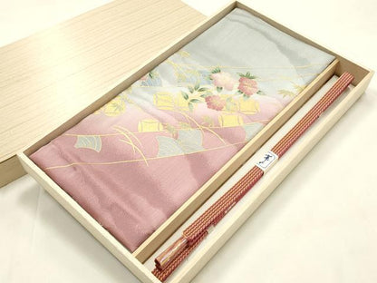 平和屋本店●和装小物　帯締め・帯揚げセット　平組　吉祥枝花文　椿　金彩　暈し染め　正絹　逸品　未使用　AABM2342ay