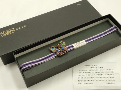 平和屋着物●和装小物 無形文化財 江戸組紐 五嶋紐 帯締め・帯留めセット 三分紐 スワロフスキー ブローチ 蝶 逸品 未使用 AABM2367ay